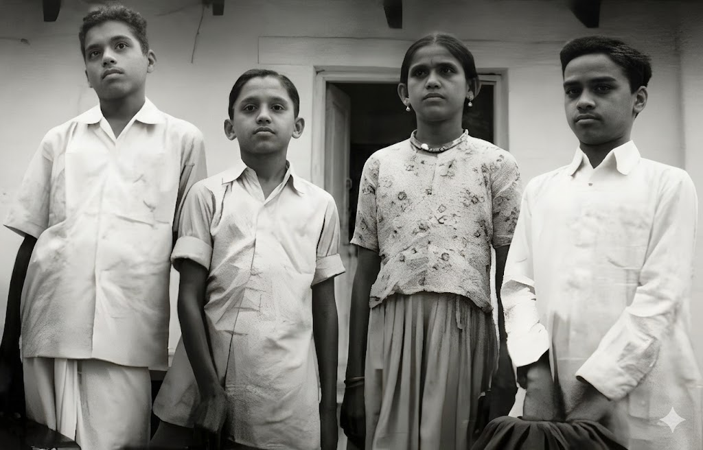 The Krishnan siblings as children — left to right: VVS, Krishnan, Bhooma, and Vinayakaram